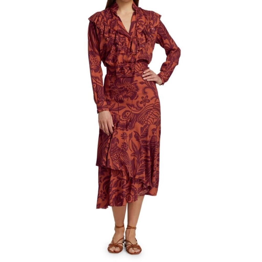 Johanna Ortiz Dreams Of Orient Ruffle Bib Blouse Red Orange Size 4 - Picture 8 of 16